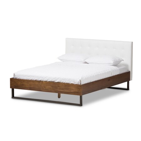 Baxton Studio Mitchell Wood White Faux Leather Dark Metal Queen Size Platform Bed 136-7351
